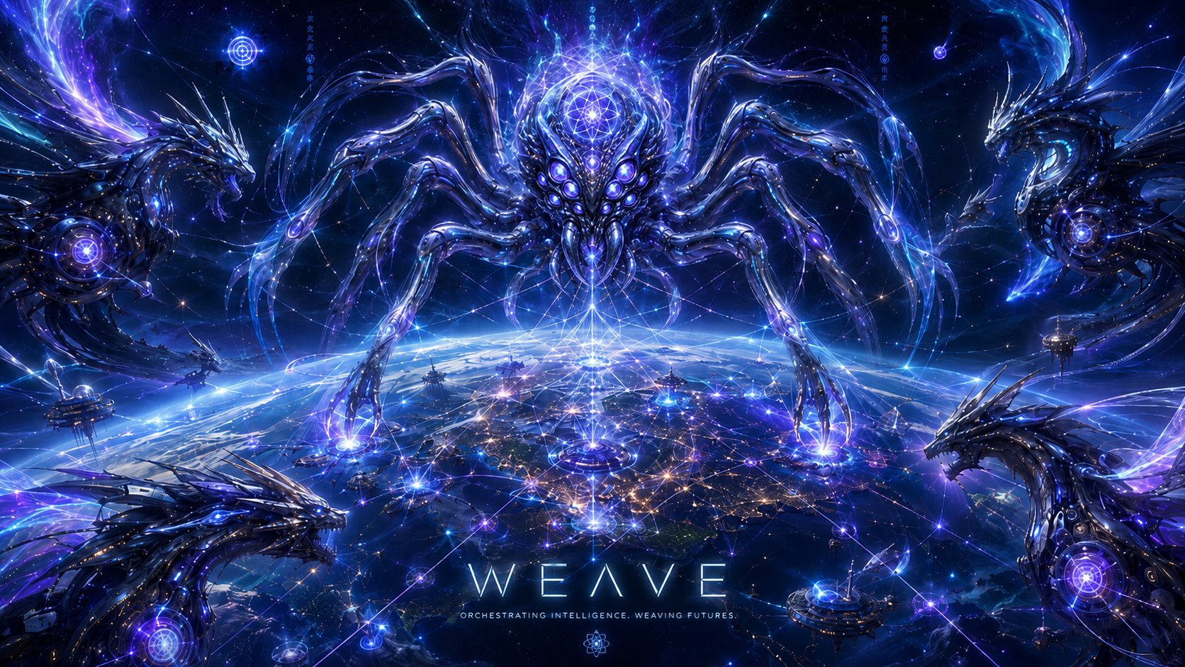 An imagined luminous spider weaving a network across Earth